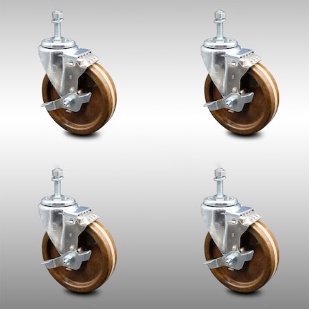 Service Caster 5 Inch SS High Temp Phenolic Swivel 3/8 Inch Threaded Stem Caster Set Brake SCC SCC-SSTS20S514-PHSHT-TLB-381615-4